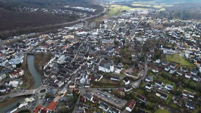 Aerial view around the old town of the city Herborn in Germany on a sunny late winter day