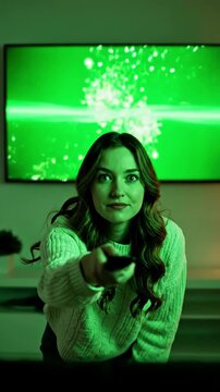 Green Screen person pointing a tv remote and pressing buttons in front of with scene 3 distortion, overlay, glitch, static noise, scan lines on black background, 4k animated video loop