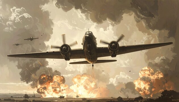 Vintage Bomber Plane in War Zone.
