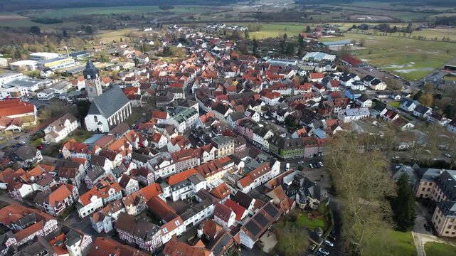Aerial view around the old town of the city Lich in Germany on a sunny late winter day