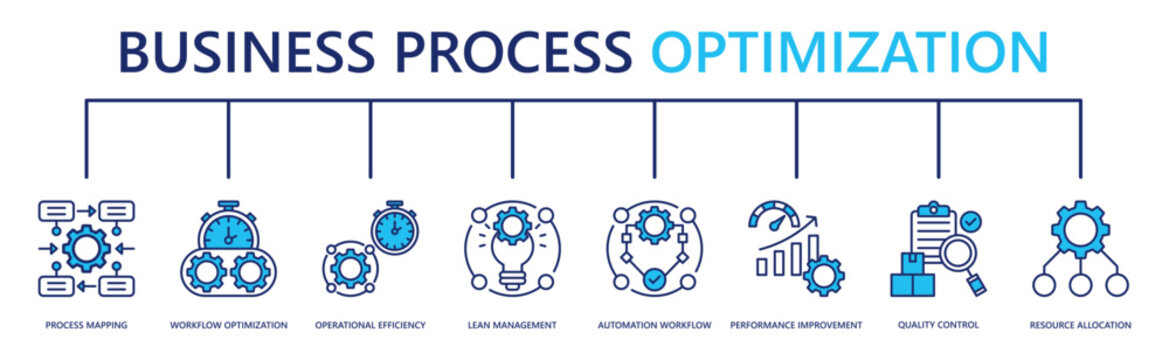 business process optimization web banner icon vector illustration with process mapping, workflow optimization, operational efficiency, lean management, automation workflow, and more