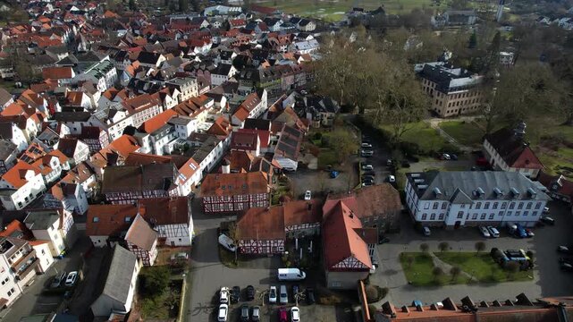 Aerial view around the old town of the city Lich in Germany on a sunny late winter day