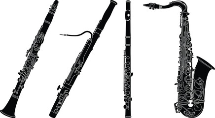Silhouette illustration of woodwind musical instruments including clarinet, bassoon, flute, and saxophone, highlighting design details, structure, and artistic comparison. © MdYaqub