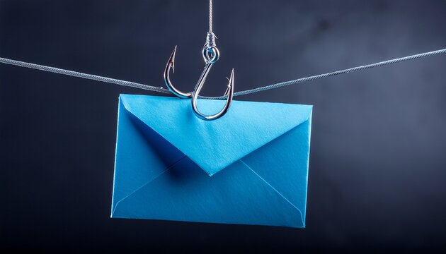 blue envelope on a fishing hook against a dark background illustrating themes of communication connection and phishing attacks in digital security