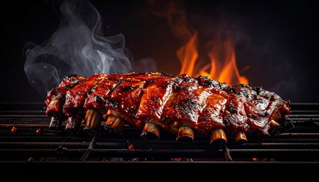 Delicious BBQ ribs with glaze cooking on a grill with flames and smoke