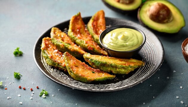 delicious fried avocado wedges with spicy chipotle aioli dipping sauce