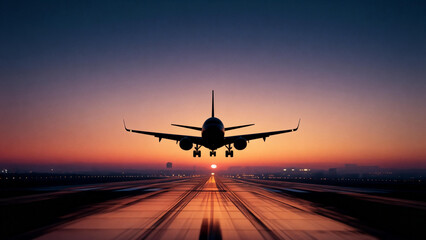 Fototapeta premium Airplane taking off at sunset