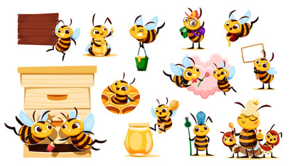 Cartoon funny bee characters flying with honey buckets near beehive at beekeeping farm. Vector cute bee workers and queen insect characters with honeycombs, honey jars, flowers and wood sign board © Vector Tradition