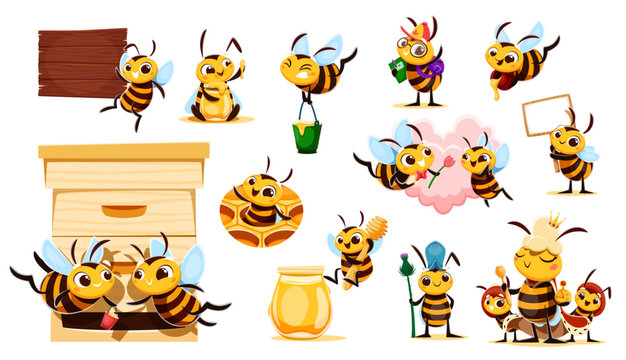 Cartoon funny bee characters flying with honey buckets near beehive at beekeeping farm. Vector cute bee workers and queen insect characters with honeycombs, honey jars, flowers and wood sign board