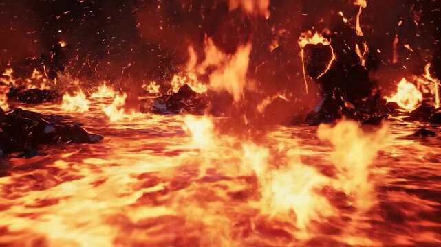 Molten lava river flows intensely with fiery eruptions and glowing s