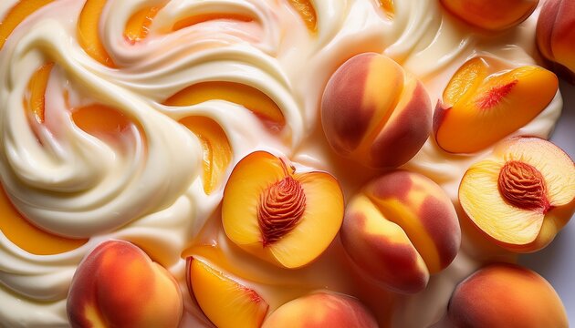 creamy peach fruit yogurt texture healthy sweet organic summer snack delicious swirl pattern closeup fresh ripe pulp surface background