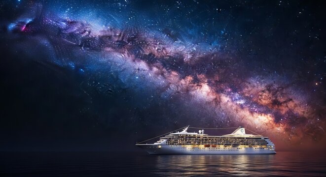 An elegant white cruise liner glides under a breathtaking luminous cosmic star band, showcasing luxurious night travel and celestial beauty, sleek, adventure, luminous stars