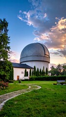 Fototapeta premium A white building with a large dome roof surrounded by green grass