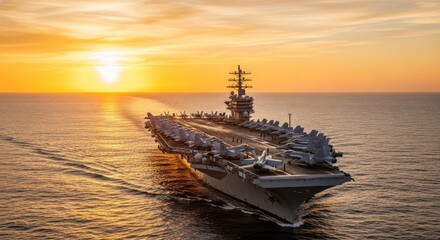 Expansive panoramic of a mighty aircraft carrier with a fighter squadron on its deck. Golden light reflects brilliantly on the calm sea surface, warship, panoramic view, blue ocean