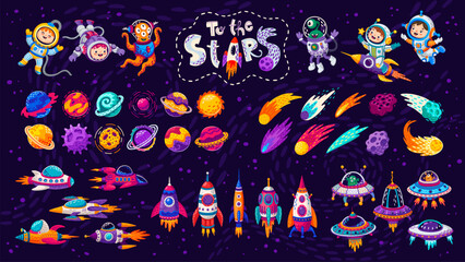 Cartoon kids astronauts with spaceships and rockets, galaxy shooting stars and space planets, vector icons. Kid astronaut or spaceman with asteroids and meteors, UFO saucer and funny alien characters © Vector Tradition