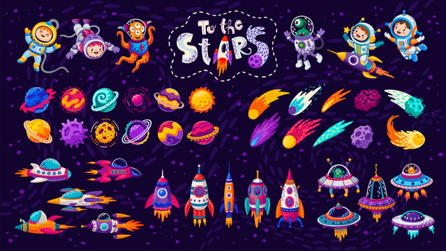 Cartoon kids astronauts with spaceships and rockets, galaxy shooting stars and space planets, vector icons. Kid astronaut or spaceman with asteroids and meteors, UFO saucer and funny alien characters