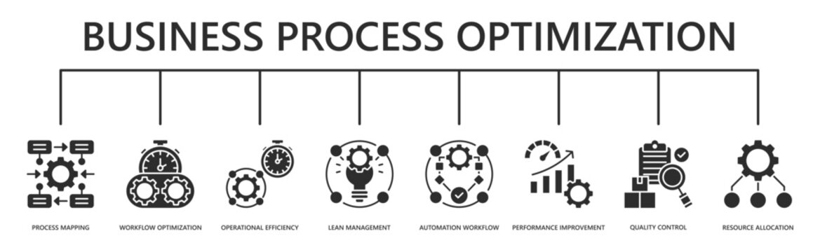 business process optimization web banner icon vector illustration with process mapping, workflow optimization, operational efficiency, lean management, automation workflow, and more