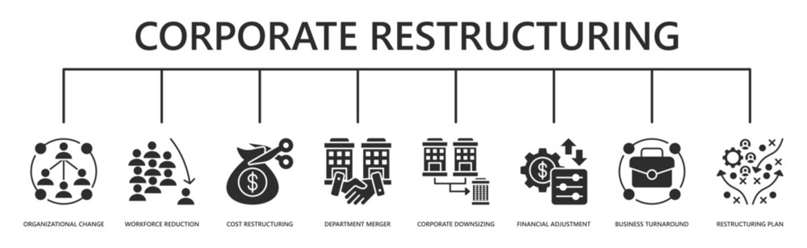 corporate restructuring web banner icon vector illustration with organizational change, workforce reduction, cost restructuring, department merger, corporate downsizing, and more