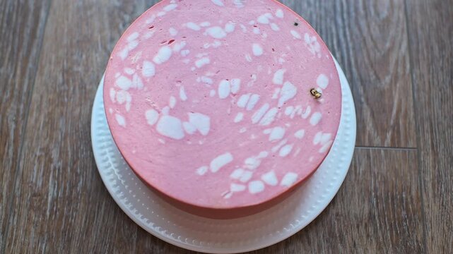 Mortadella pork sausage traditional meat food Italian product from Italy, macro closeup of fat pistachio nut on white plate