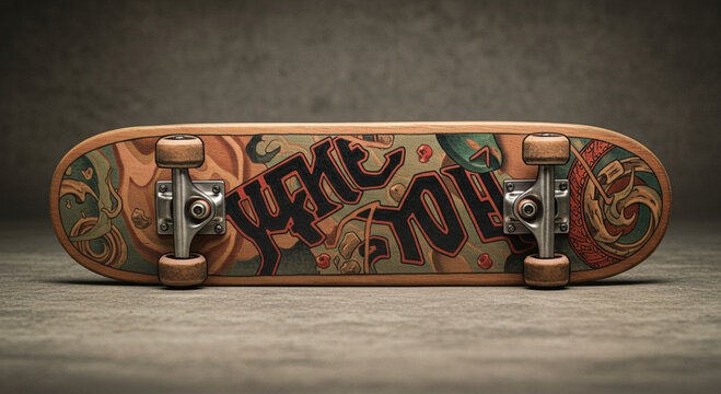 Close Up Skateboard with Bold Graffiti Design on Neutral Background