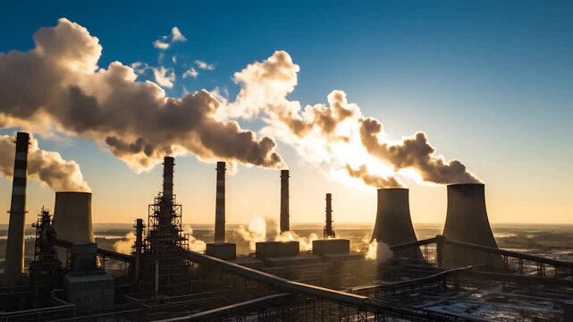 Industrial power plant with smoking chimneys and cooling towers at sunrise