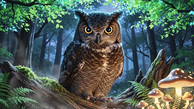 Owl in a mossy forest scene with glowing fungi and dense foliage