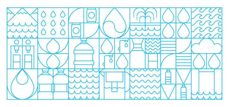 Abstract geometric water and drink pattern. Vector blue linear background representing clean water sources, droplets, bottles, dispensers and waves arranged in grid. Tile for sustainability, hydration
