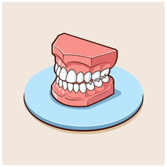 Isometric Cartoon Illustration of Dental Teeth Model on Blue Base with Beige Background © leandrosjsj
