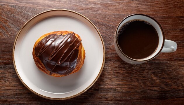 chocolate drizzled pastry on a plate beside a cup of coffee on a wooden table