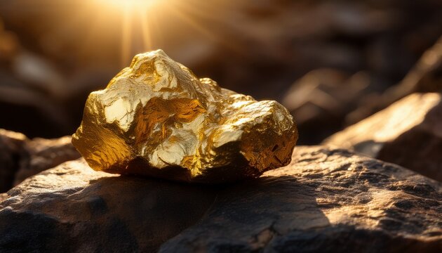 close up of a golden nugget shining in rock