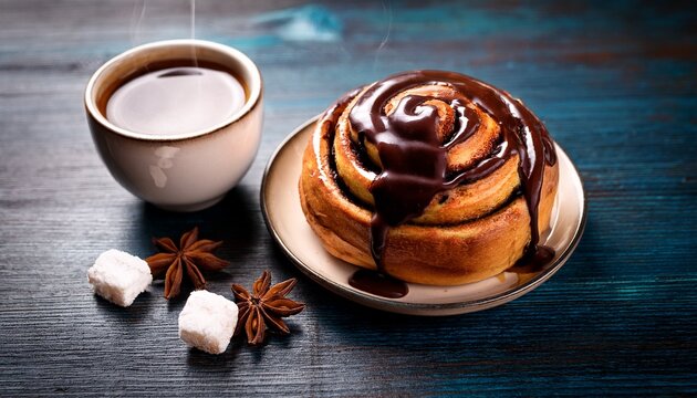 delicious cinnamon rolls drizzled with chocolate beside a cup of hot coffee