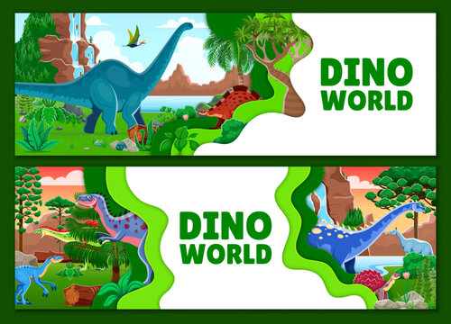Paper cut banners with dinosaur characters at jungle landscape vector background. Cartoon cute prehistoric dinosaur and extinct reptile dino animals personages with 3d paper cut wavy borders