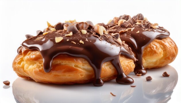 delicious pastries drizzled with rich chocolate and crunchy toppings on white background