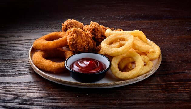 fast food meals onion rings french fries chicken nuggets fried chicken and ketchup on wooden table