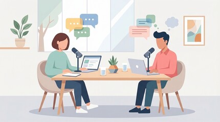 Fototapeta premium Creative Duo Records Engaging Podcast Episode in a Modern Studio. Male and Female Hosts Share Ideas and Communicate on Digital Platforms
