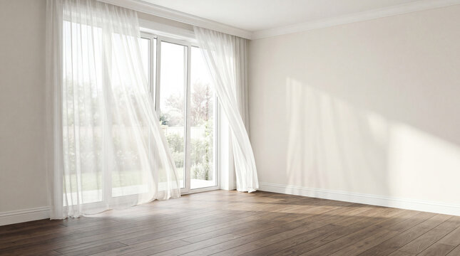 Modern minimal living room featuring wood floor with a large window elegant contemporary white room ,Color of the Year 2026 &ndash; Cloud Dancer ,copy space ,empty room.3Drender