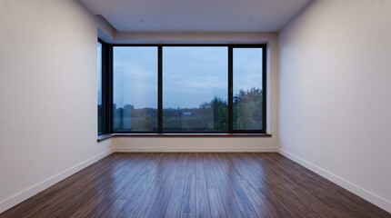 Fototapeta premium Modern minimal living room featuring wood floor with a large window elegant contemporary white room ,Color of the Year 2026 – Cloud Dancer ,copy space ,empty room.3Drender