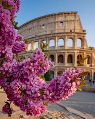 Obraz premium Pink Blossoms Framing the Iconic Colosseum in Early Morning Light