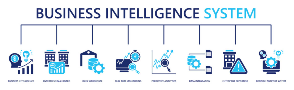 business intelligence system web banner icon vector illustration with business intelligence, enterprise dashboard, data warehouse, real time monitoring, predictive analytics, and more
