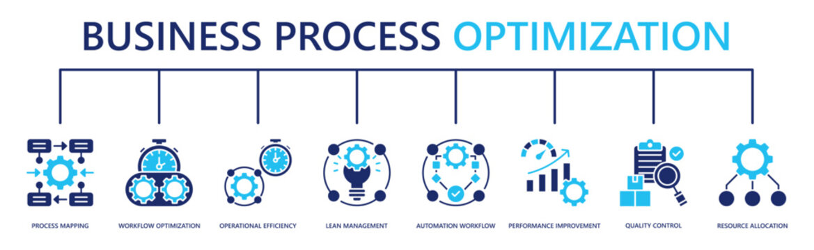 business process optimization web banner icon vector illustration with process mapping, workflow optimization, operational efficiency, lean management, automation workflow, and more