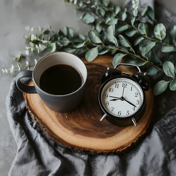 Coffee and Alarm Clock on Wooden Surface with Greenery Accents