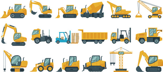 Construction machinery vector set featuring excavators, bulldozers, cranes, dump trucks, loaders and industrial heavy equipment collection © SreeRupali