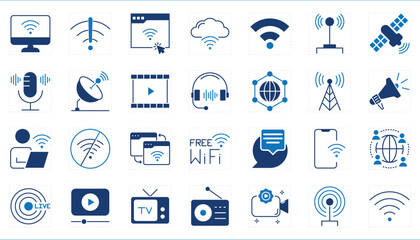 A set of icons related to Broadcasting. TV, radio, network, live, news, broadcast, stream, podcast, announce, and so on.
