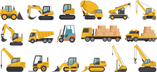 Construction vehicles vector set with excavators, cranes, dump trucks, loaders and heavy industrial machinery collection © SreeRupali