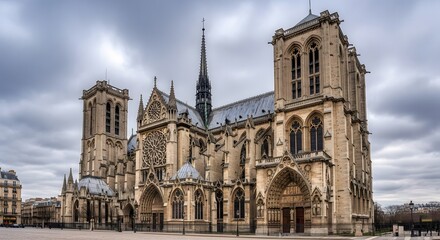 Obraz premium Majestic Notre Dame Cathedral in Paris France under a dramatic cloudy sky.