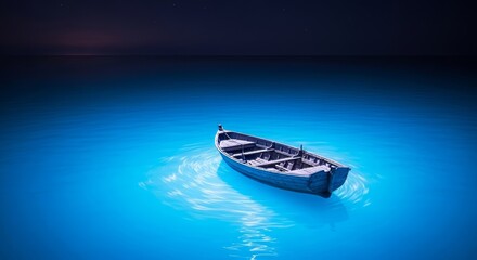 An empty vessel calmly drifts across a vibrant, electric blue sea under a dark, peaceful night sky. Tranquil scene, scenic, reflection, absence