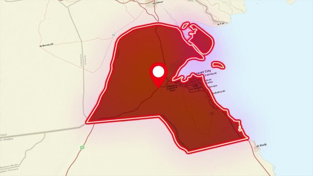Kuwait map animation, Middle East country highlight, location pin Kuwait, geographic map motion, Kuwait city marker, country border highlight, red map animation, travel map background