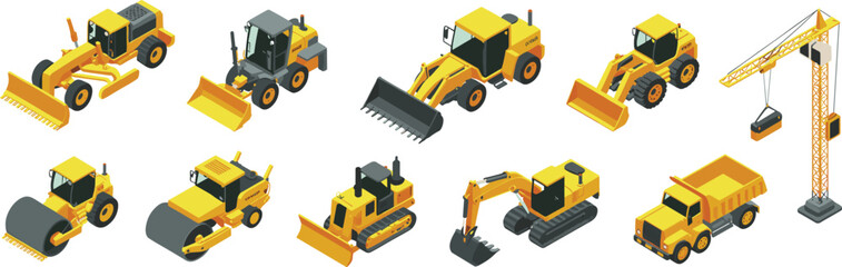 Isometric construction machinery set with excavator, bulldozer, loader, crane and dump truck heavy equipment vector illustration collection © Vector's World