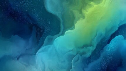 A vibrant abstract artwork featuring swirling clouds of blue and green hues with specks of white