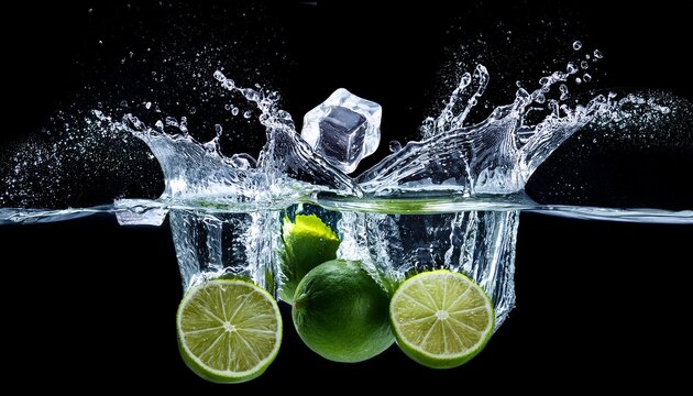 a high speed photograph of limes and ice cubes splashing into water against a black background creating dynamic compositions for commercial photography